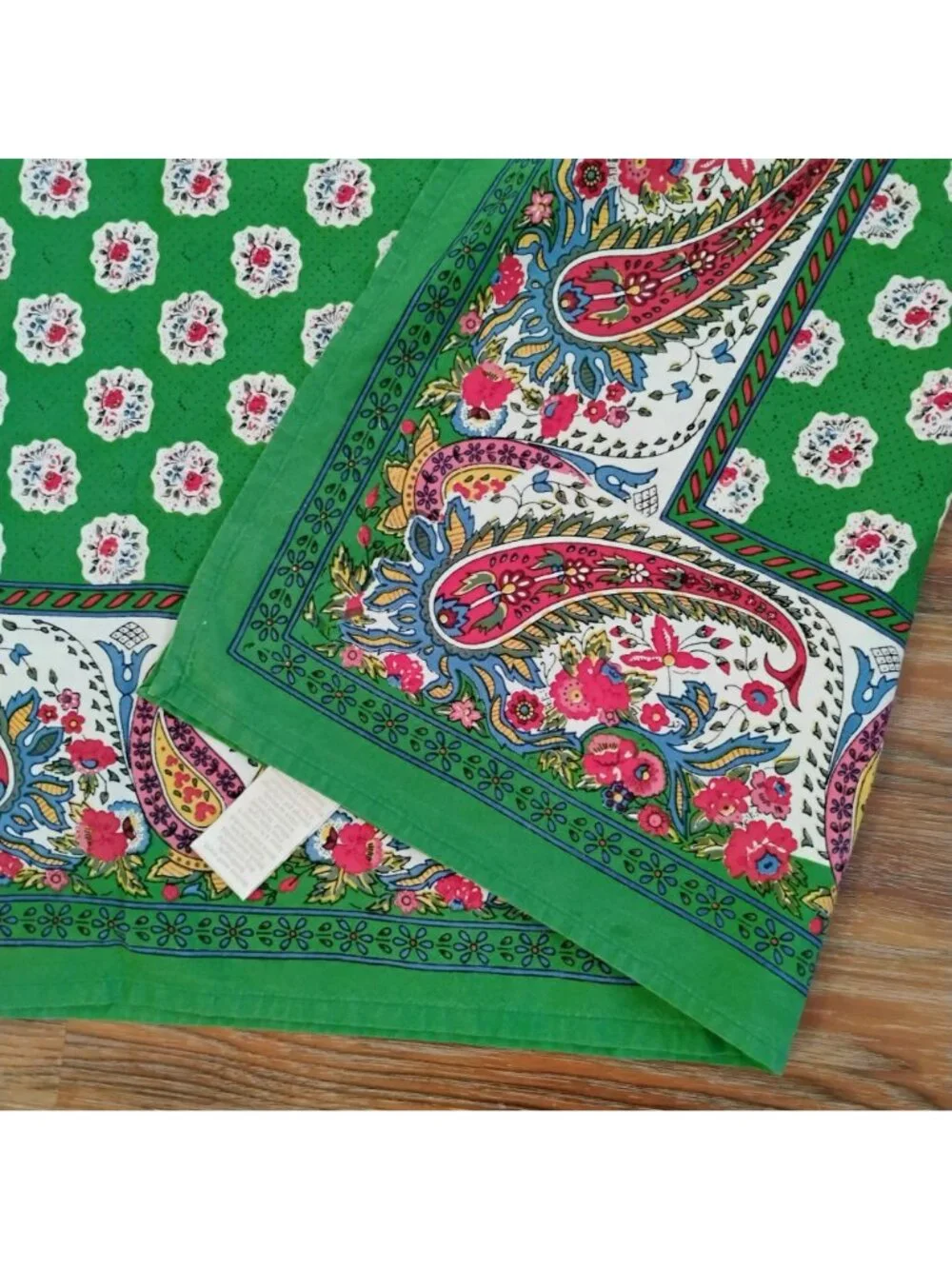 Vintage Williams Sonoma Green Block Print Floral Paisley Tablecloth Cotton 108